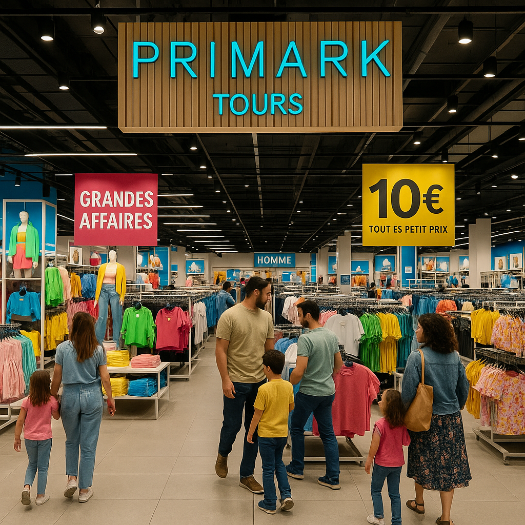 Intérieur du magasin Primark à Tours avec des clients parcourant les rayons