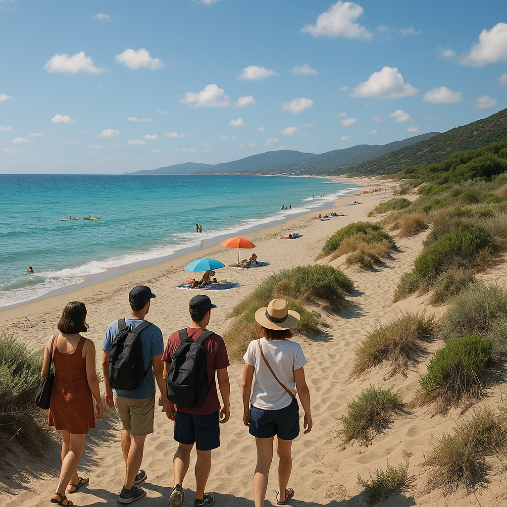 Promenade le long de la plage du Liamone en Corse avec des gens profitant du paysage.