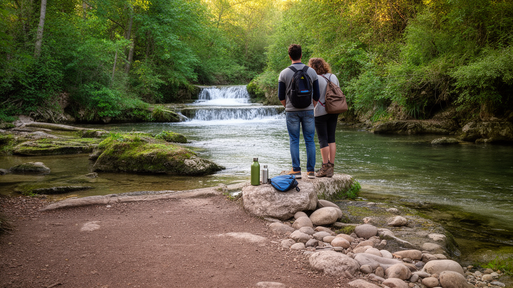 Promeneurs prudents au bord du Lez près de la petite cascade dans un environnement naturel préservé