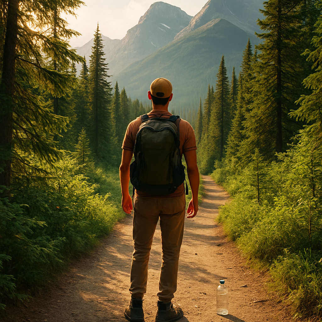 Randonneur sur un sentier canadien avec forêt et montagnes en arrière-plan.