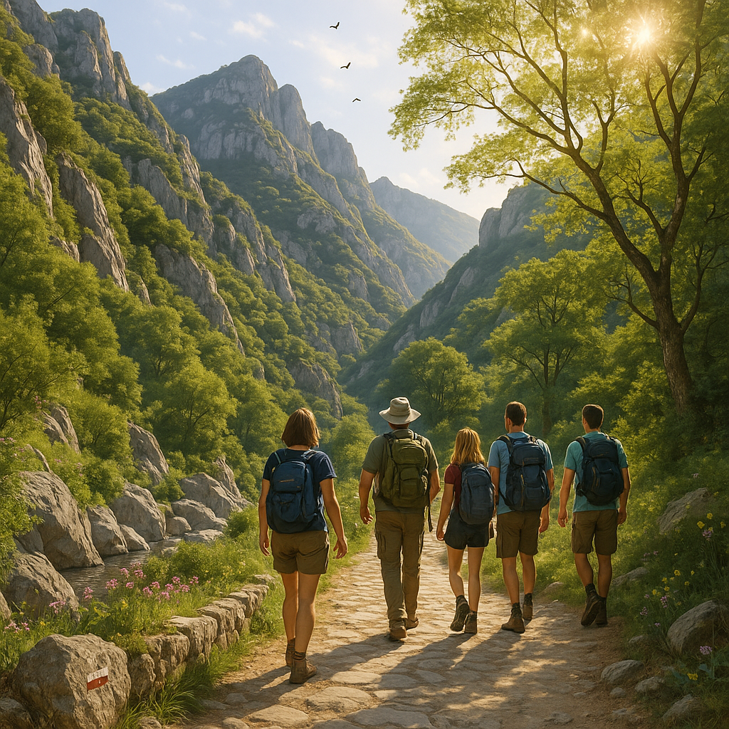 Groupe de randonneurs explorant les Gorges d'Héric à Mons-la-Trivalle, entouré par la nature luxuriante et les falaises majestueuses.