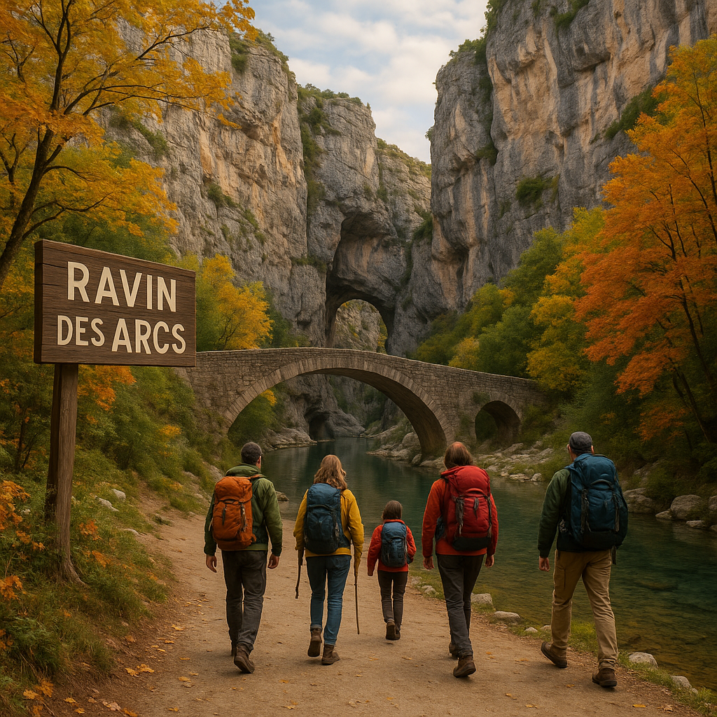 Randonneurs au Ravin des Arcs près d'un pont sur une rivière