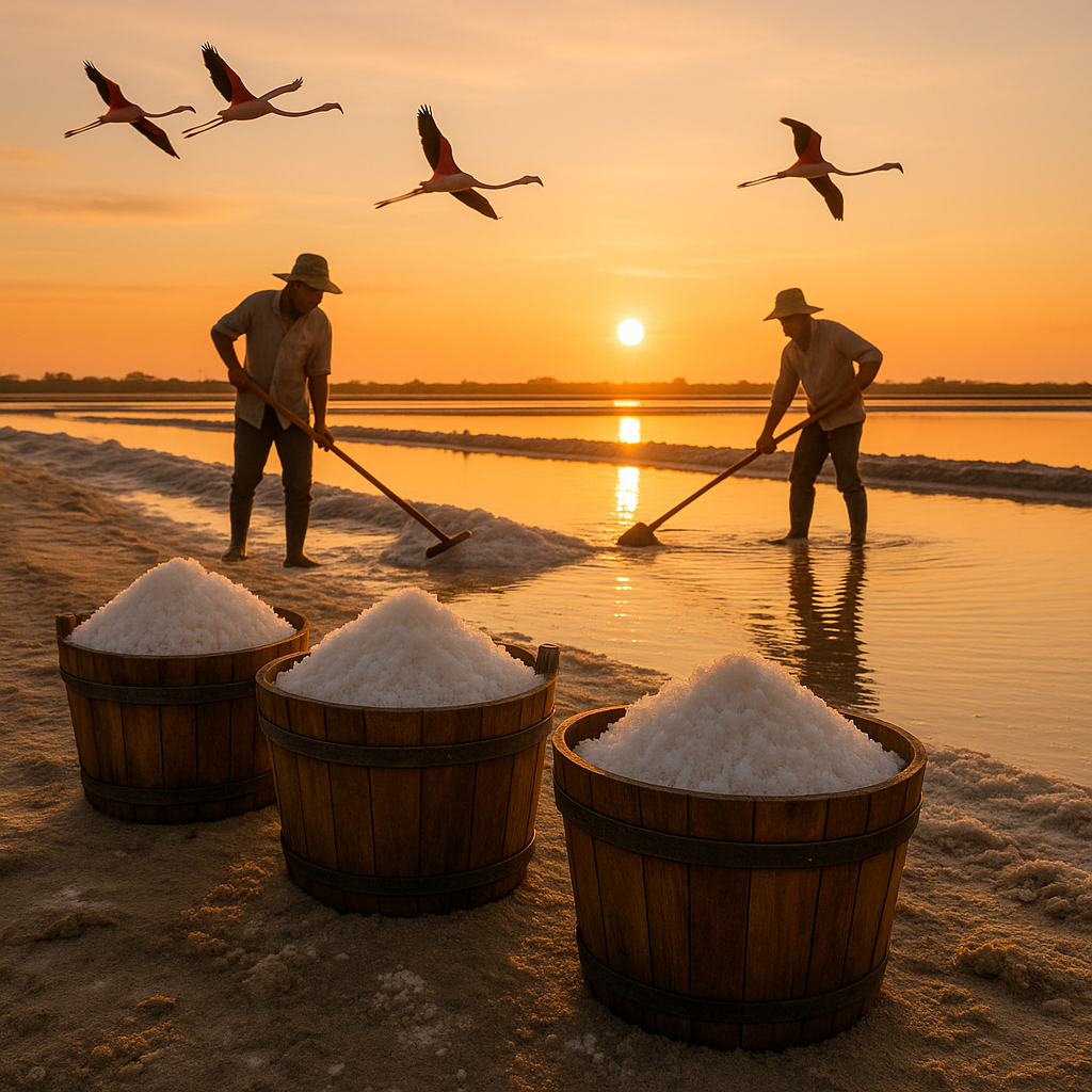 Sauniers récoltant la Fleur de Sel aux Salins d'Aigues-Mortes au lever du soleil.