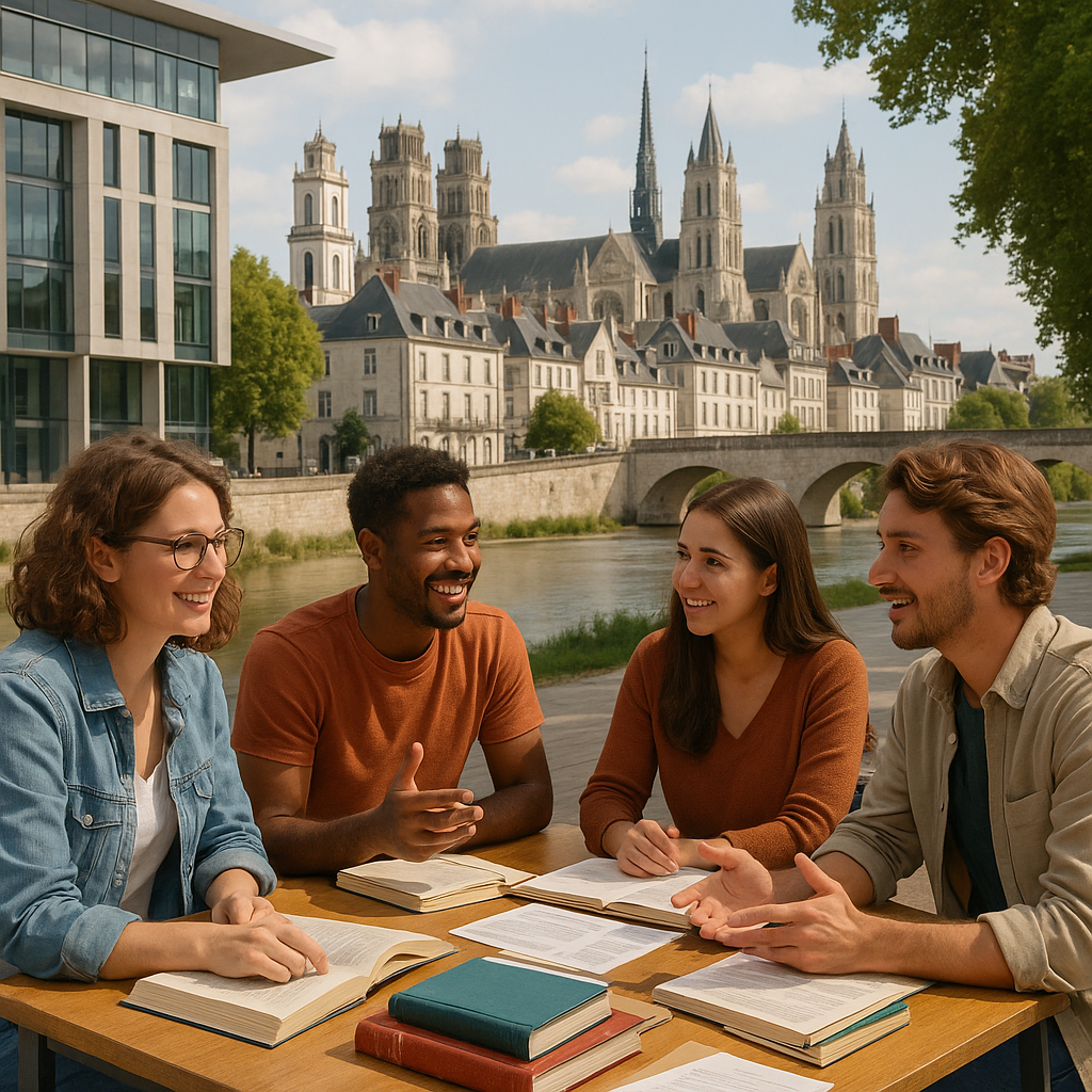 Scène de rencontre culturelle entre Orléans et Tours avec des jeunes discutant autour d'une table en extérieur.