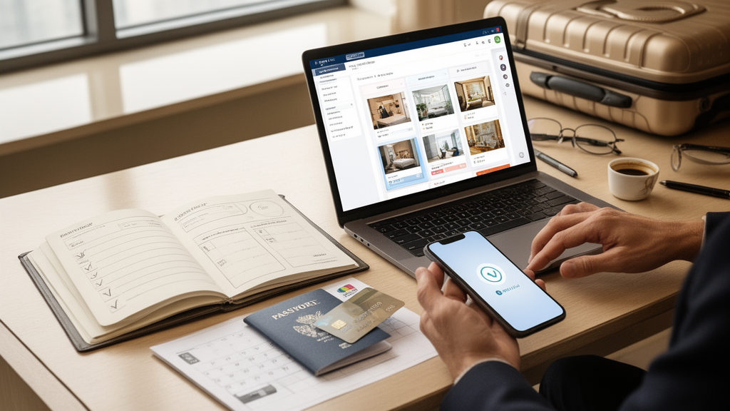 Bureau élégant avec ordinateur, calendrier et accessoires de voyage pour comparer et réserver un hôtel de luxe