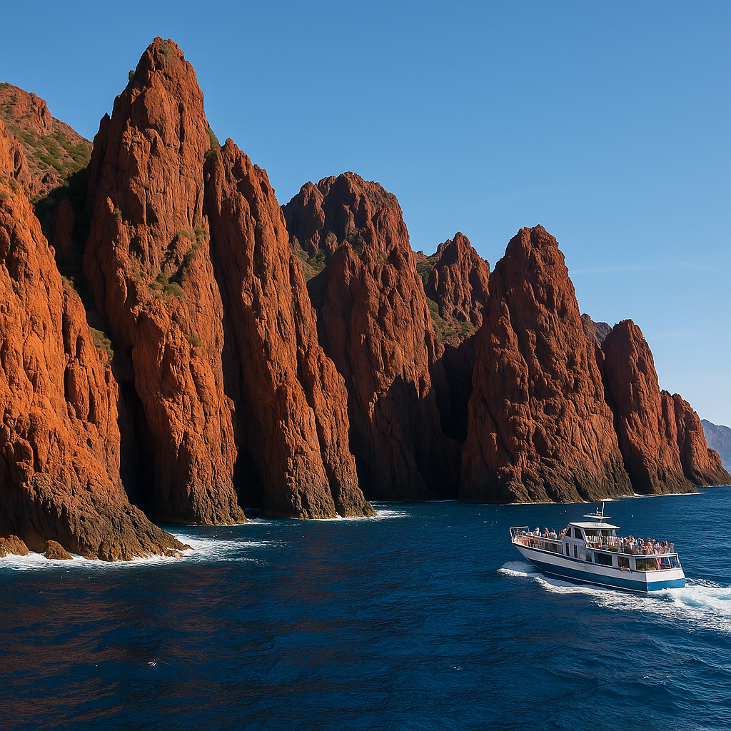 Réserve naturelle de Scandola en Corse avec ses falaises rouges et sa mer bleue.