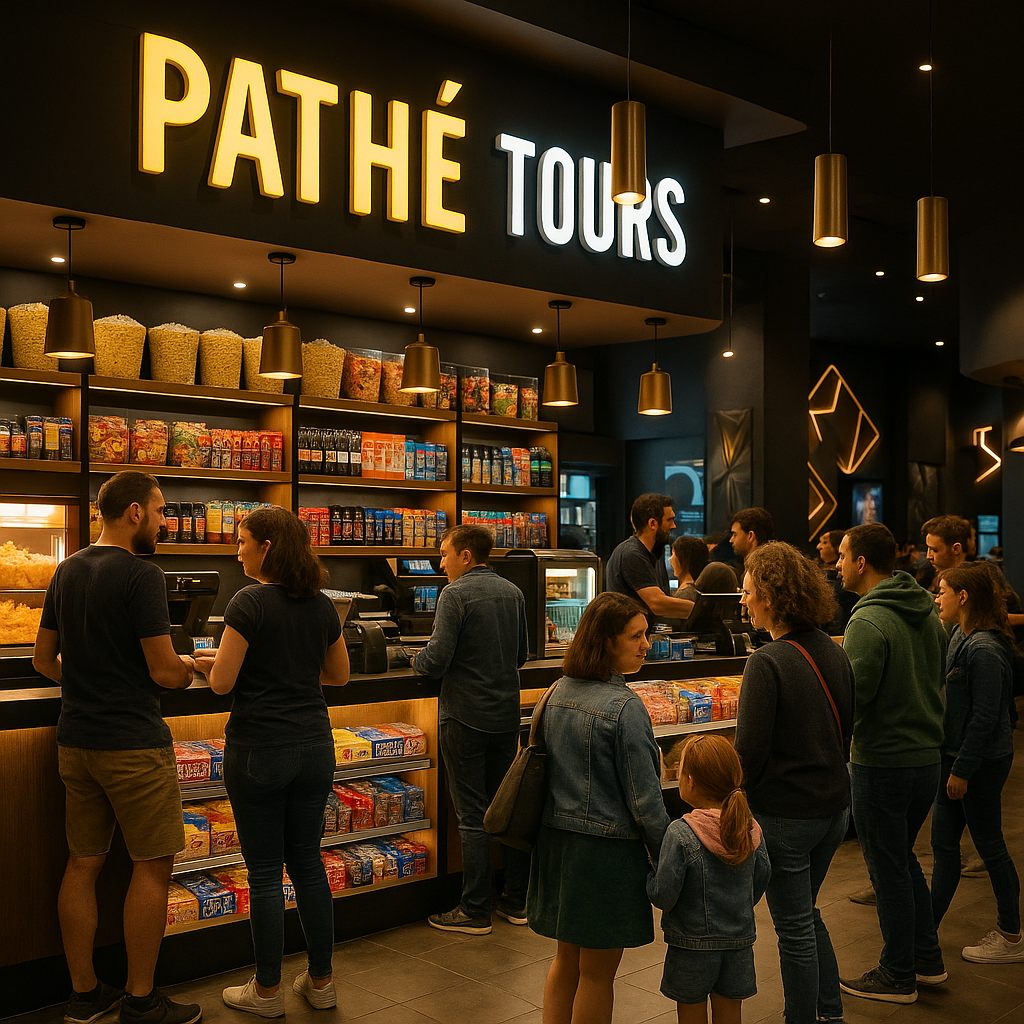 Scène animée de la restauration au multiplexe Pathé Tours, avec des clients choisissant des snacks et des boissons.