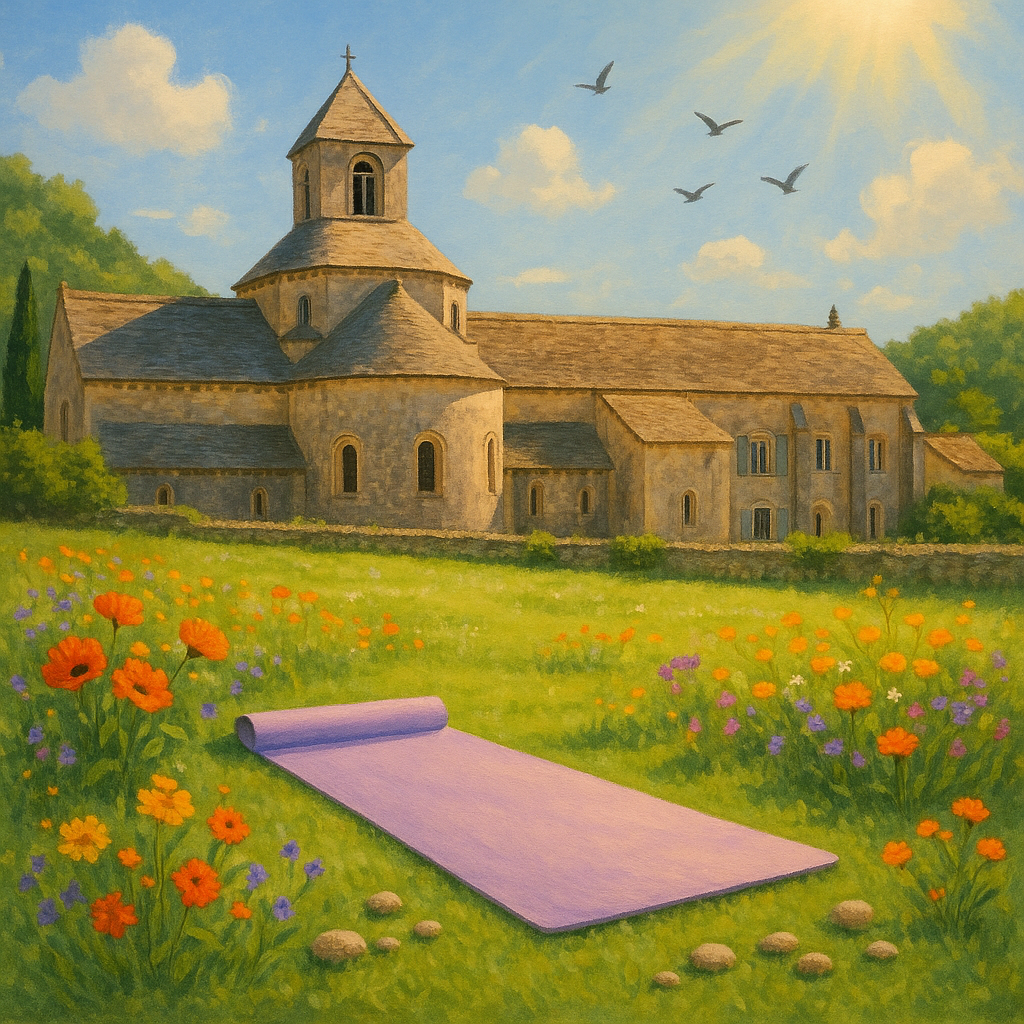 Scène d'une retraite spirituelle avec un tapis de yoga, des fleurs et une abbaye, symbolisant la paix intérieure.