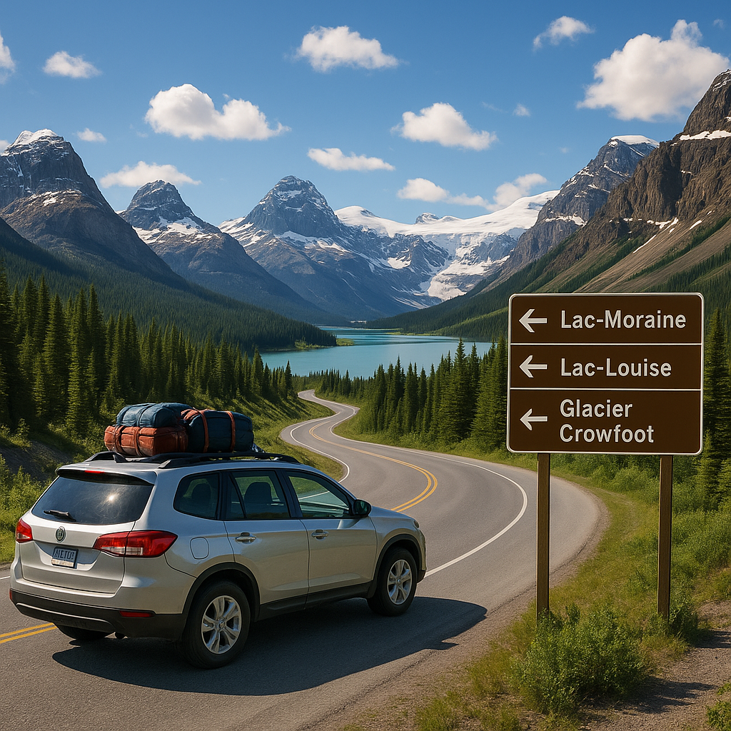 Scène d'un road trip dans les Rocheuses canadiennes avec une voiture sur une route entourée de montagnes et de lacs.