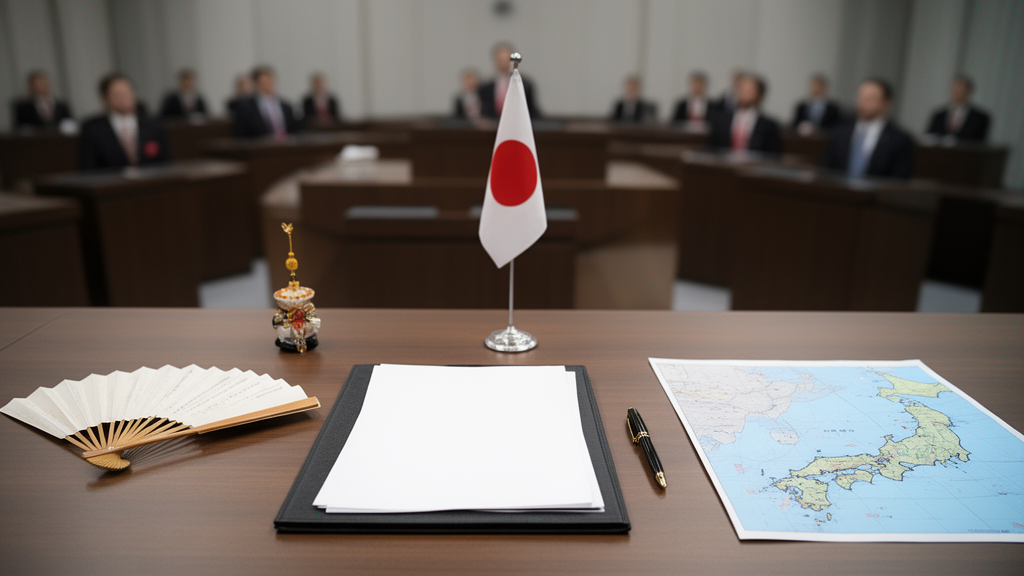 Composition réaliste illustrant les rôles de l’empereur, du Premier ministre, du cabinet et de la Diète dans le gouvernement au Japon.