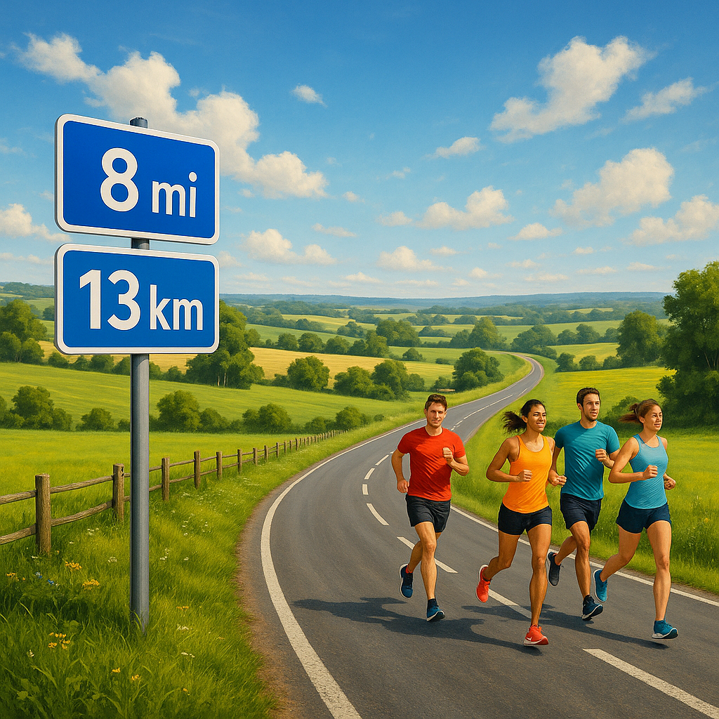 Vue panoramique d'une route de campagne avec des panneaux de distances en miles et kilomètres et des coureurs