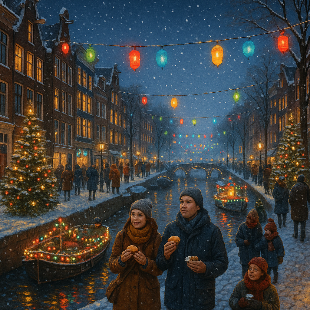 Scène de rue hivernale à Amsterdam avec canaux illuminés, visiteurs en hiver et sapins décorés.