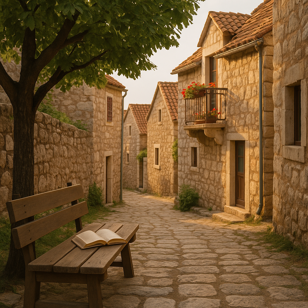 Ruelle étroite de Pristeg avec un banc en bois sous un arbre feuillu.
