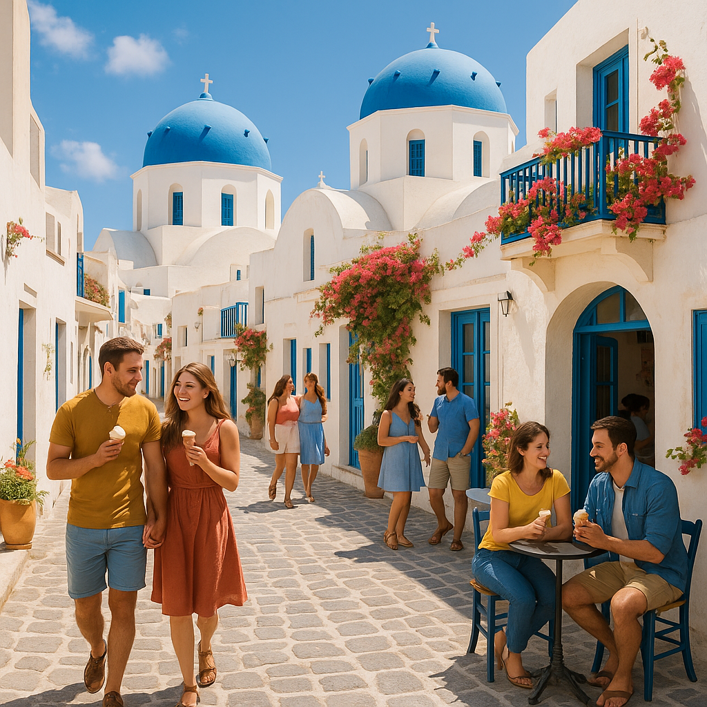 Ruelle pittoresque de Santorin, idéale pour un voyage romantique en couple.