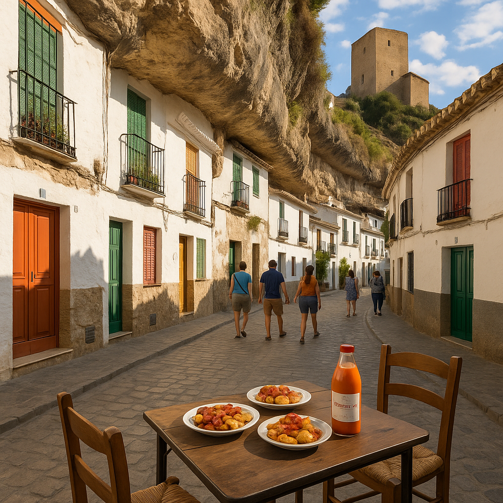 Ruelle de Setenil de las Bodegas avec maisons blanches et volets colorés, entourée d'une ambiance chaleureuse.