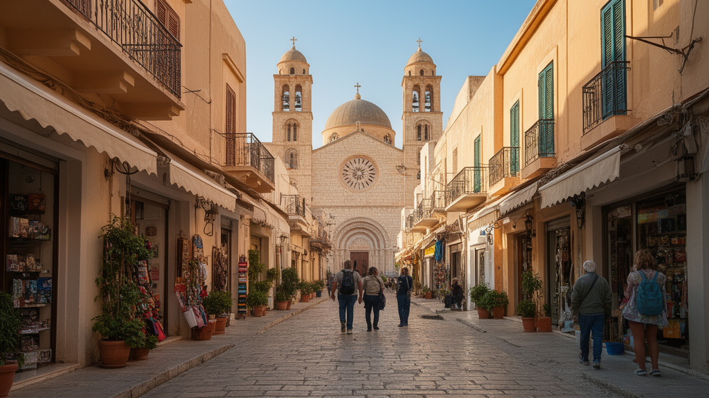 Ruelle piétonne de la vieille ville d’Héraklion menant à la cathédrale Agios Minas