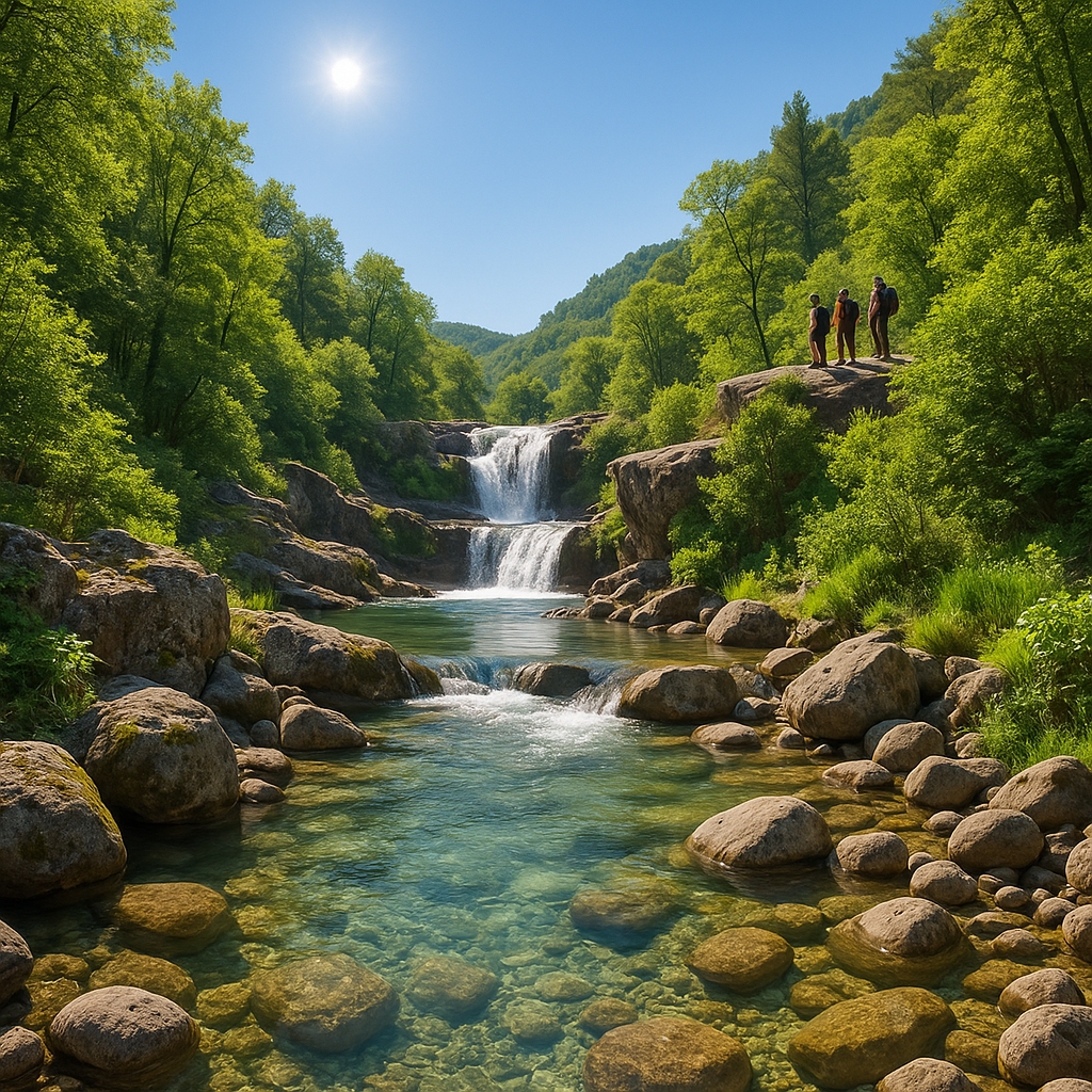 Ruisseau du Tiourre avec cascade et randonneurs admirant le paysage en Ardèche.