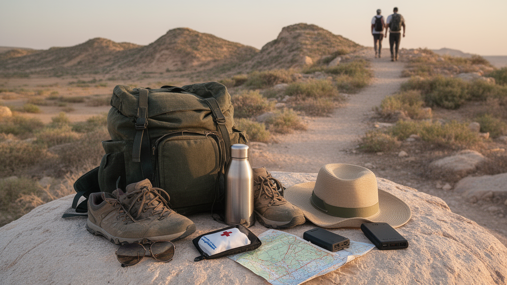 Sac de voyage bien préparé avec gourde, chaussures et accessoires pour visiter Salsalah sans stress