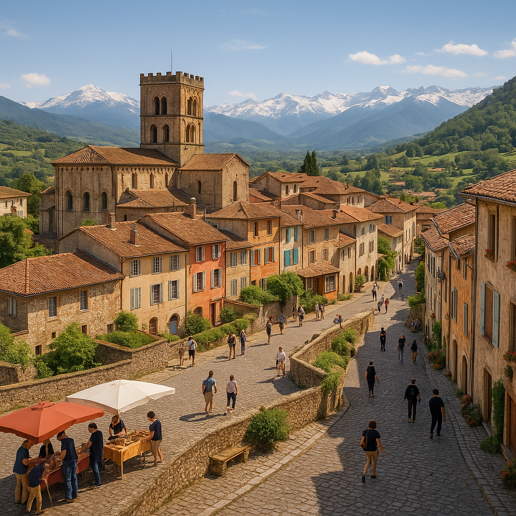 Vue sur le village de Saint-Lizier dans le Parc Naturel Régional des Pyrénées Ariégeoises, avec sa cathédrale, des ruelles pavées, et des sommets en arrière-plan.