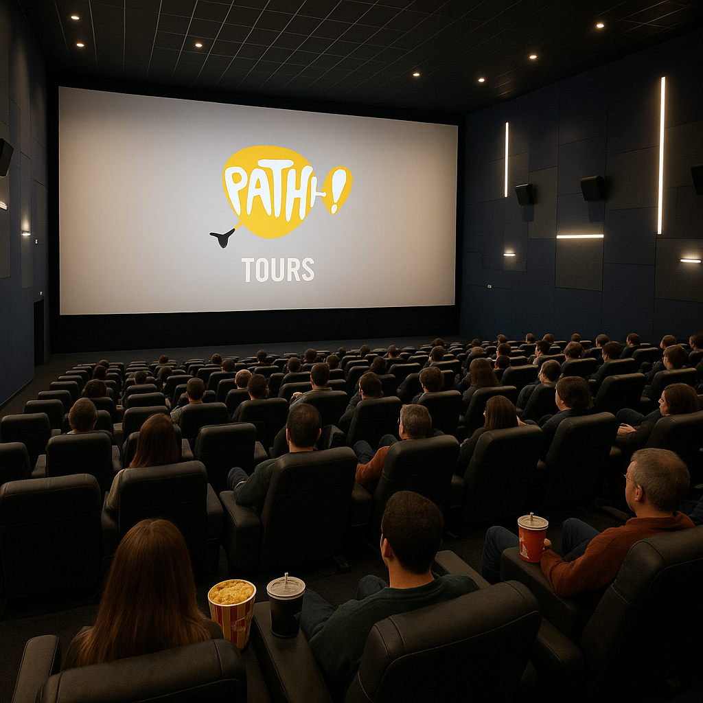 Intérieur d'une salle de cinéma moderne au Pathé Tours, montrant un public paisible attendant le début d'un film.