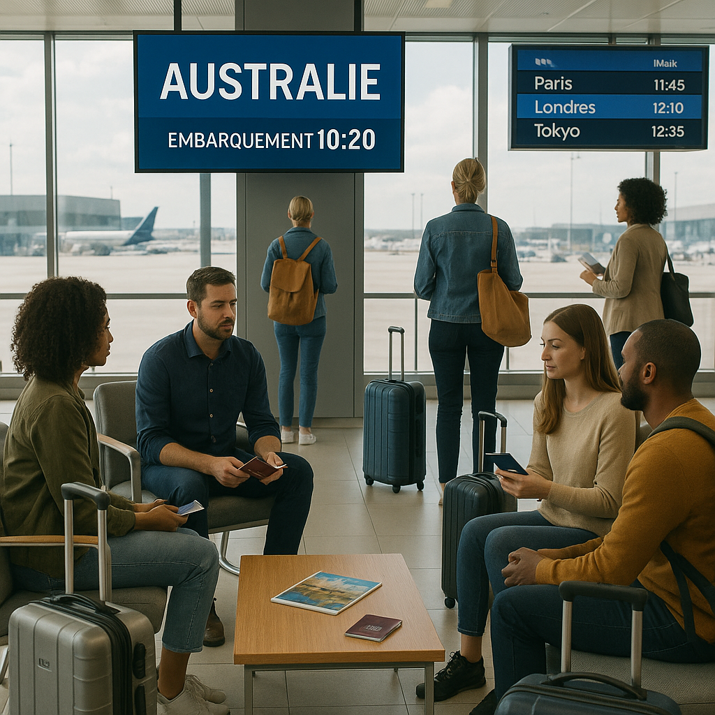 Voyageurs dans une salle d'embarquement d'aéroport se préparant pour un vol vers l'Australie.
