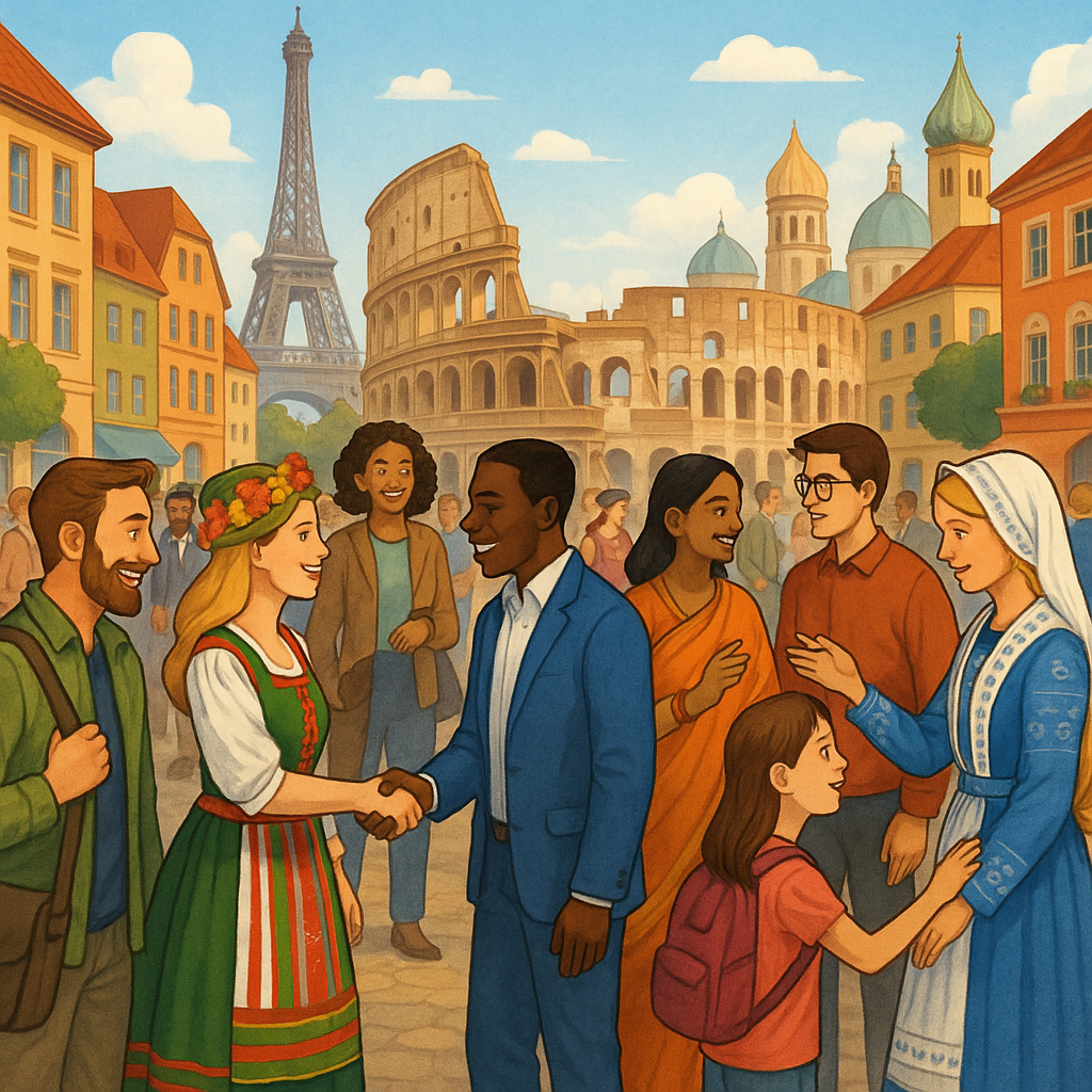 Une scène de rue typique européenne montrant la diversité culturelle des pays membres de l'Union européenne.