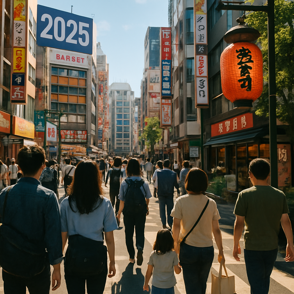 Scène de rue animée à Tokyo en 2025, représentant des piétons dans un quartier dynamique avec modernité et tradition.