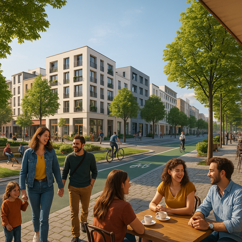 Scène de rue animée d'une ville française en 2024, illustrant convivialité et dynamisme.