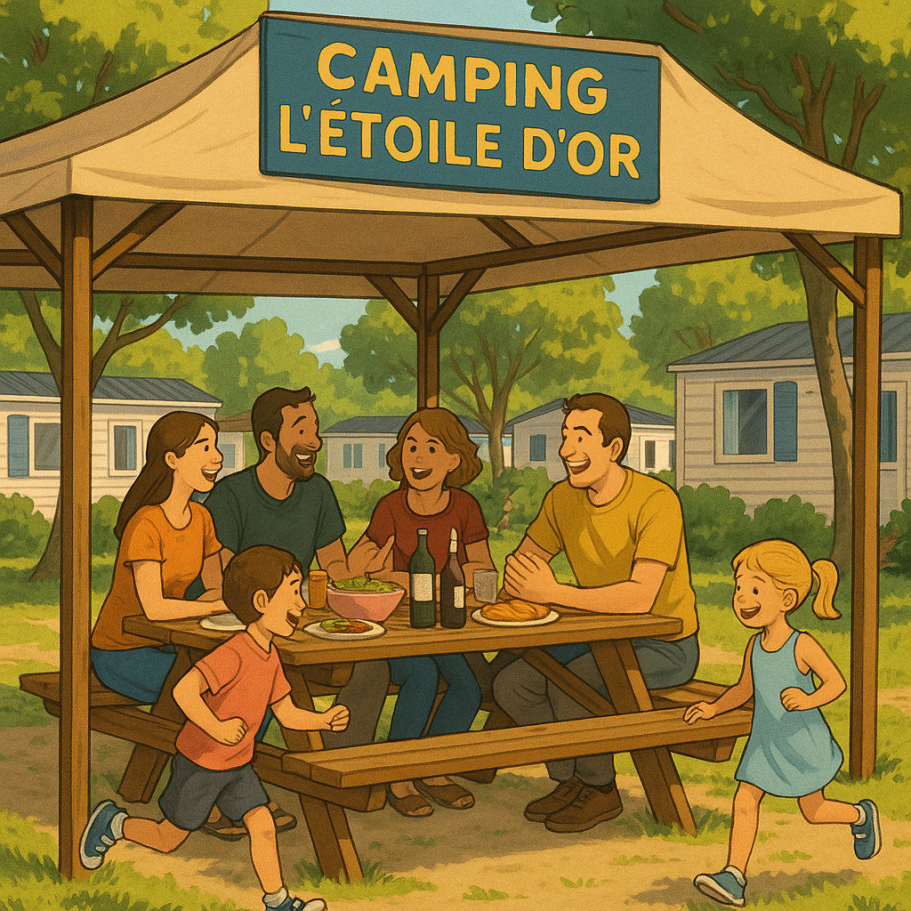 Familles partageant un repas dans un espace de pique-nique au Camping l'Étoile d'Or.