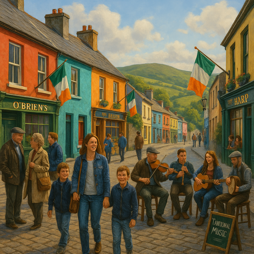 Scène animée d'une rue traditionnelle en Irlande avec des maisons colorées, des pubs, des musiciens et un paysage verdoyant.