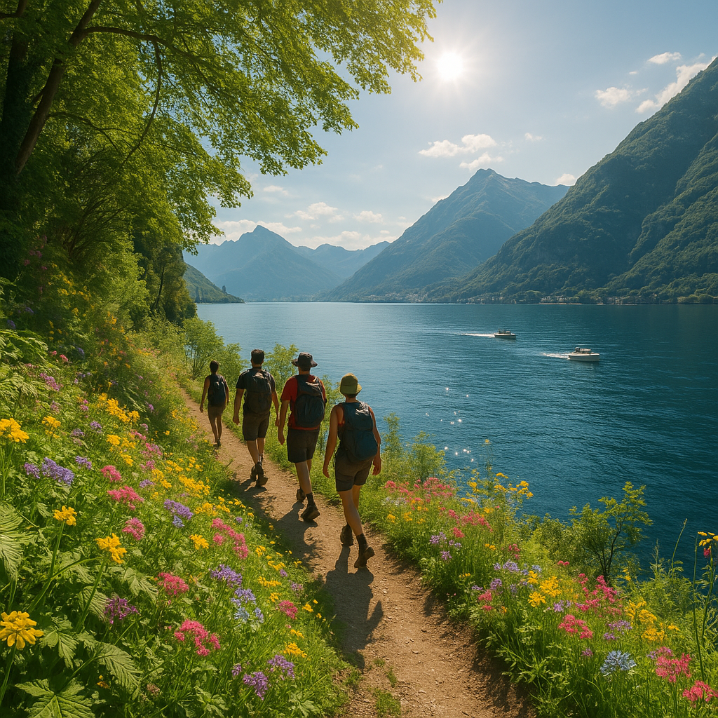 Sentier de randonnée au bord du lac de Côme entouré de montagnes et de verdure, avec des randonneurs en arrière-plan.