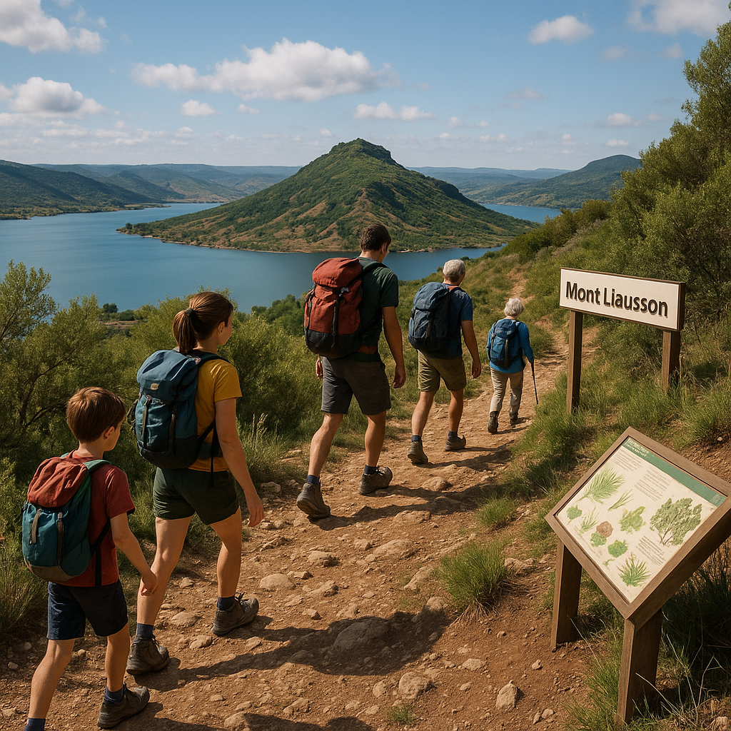 Sentier de randonnée vers le Mont Liausson avec randonneurs et vue sur le lac.