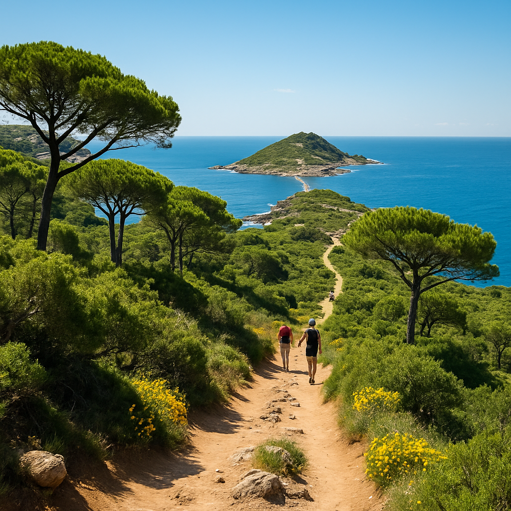 Sentier de randonnée au Cap Taillat avec mer méditerranéenne en arrière-plan, randonneurs au loin.