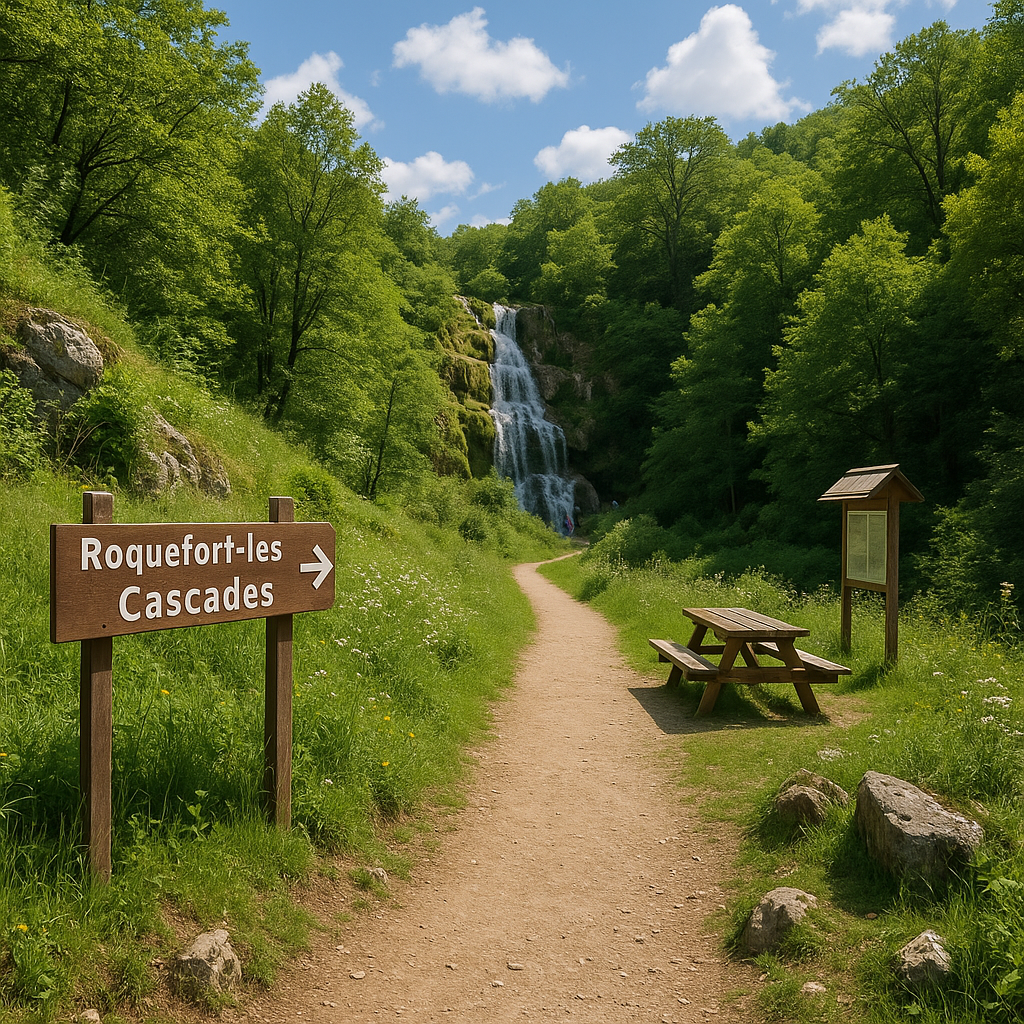 Sentier balisé avec un banc de pique-nique menant aux cascades, entouré de végétation verdoyante.