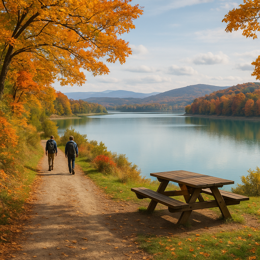 Marcheurs sur le sentier pédestre autour du Lac de Montbel avec des vues panoramiques et la nature environnante.