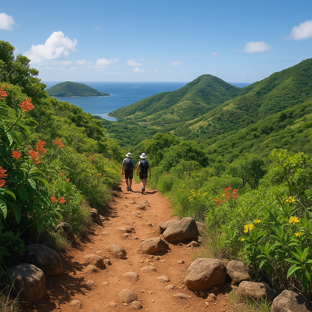 Sentier de randonnée sur Terre-de-Bas avec vue sur la végétation luxuriante et des randonneurs.