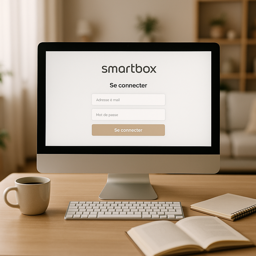 Écran d'ordinateur affichant la page de connexion de Smartbox dans un intérieur moderne.