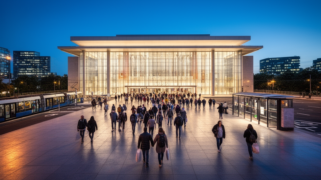 Spectateurs arrivant devant une grande salle de concert moderne avec tramway, parking et hôtels à proximité.