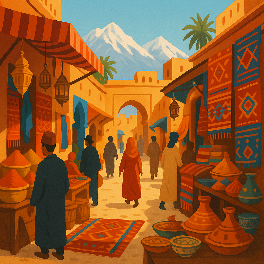 Scène d'un souk marocain avec des étals d'épices et de tissus, représentant la culture marocaine.