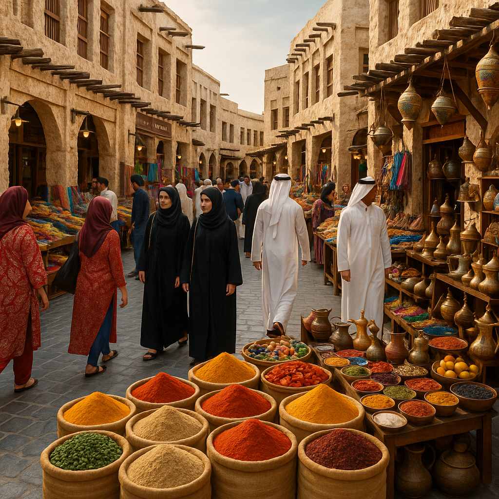 Scène animée du Souq Waqif à Doha avec étals colorés et visiteurs.