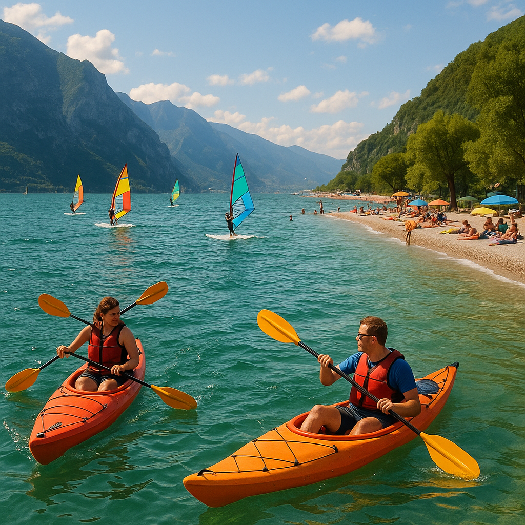Amateurs de sports nautiques sur le Lac de Garde avec kayaks et planches à voile.