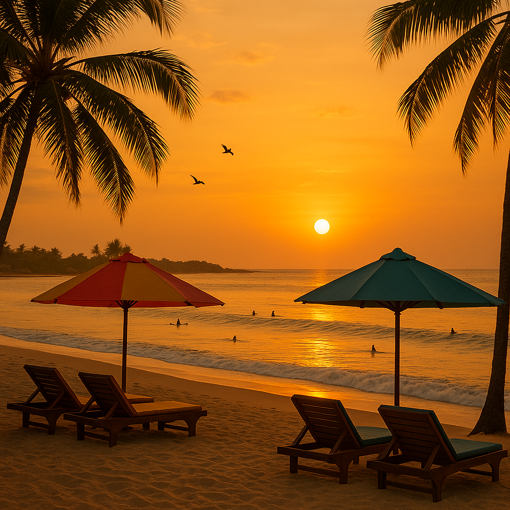 Plage d'Arugam Bay au Sri Lanka avec un coucher de soleil doré, des surfeurs au loin et des palmiers.
