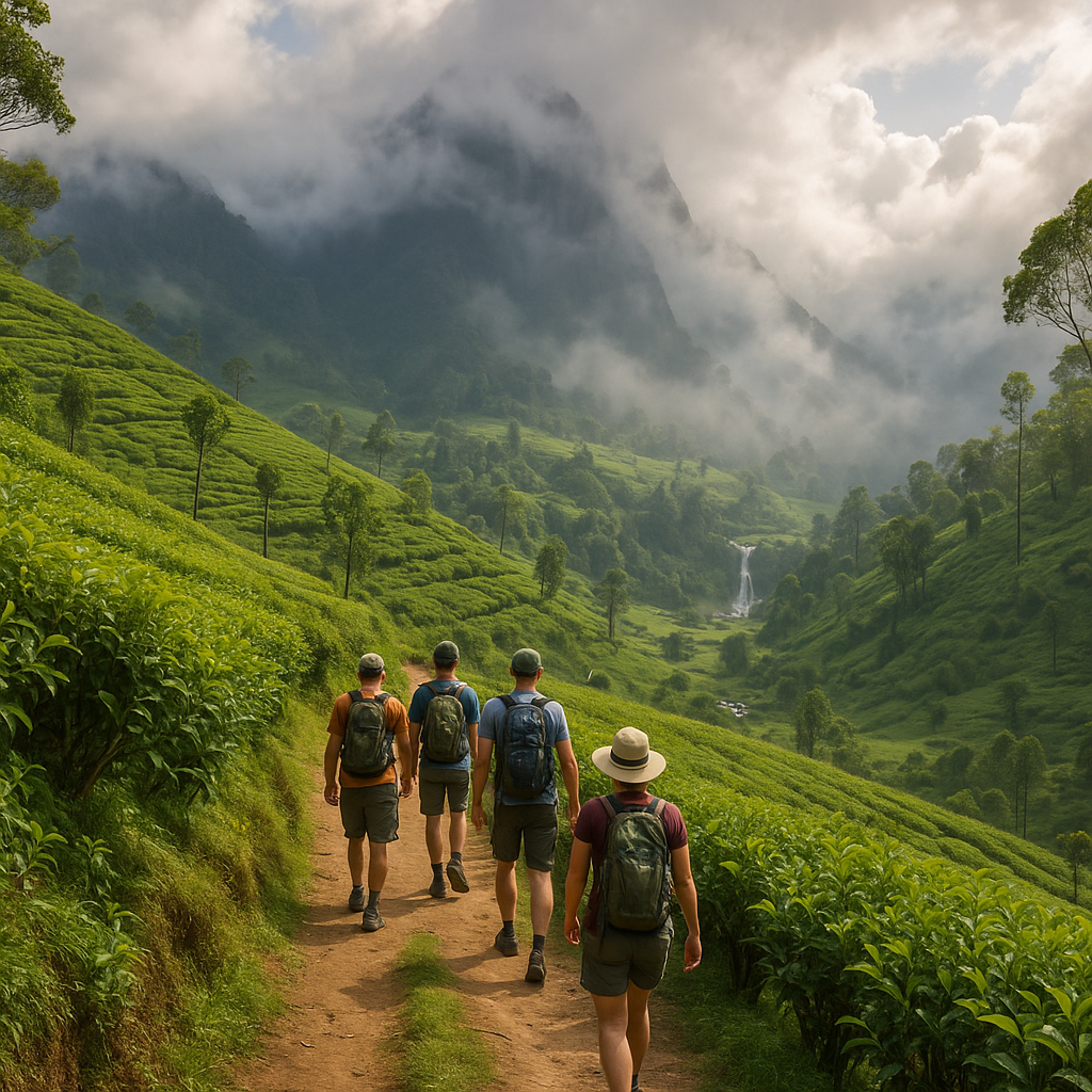 Groupe de randonneurs sur un sentier verdoyant dans les Hautes Terres du Sri Lanka, entouré de plantations de thé.