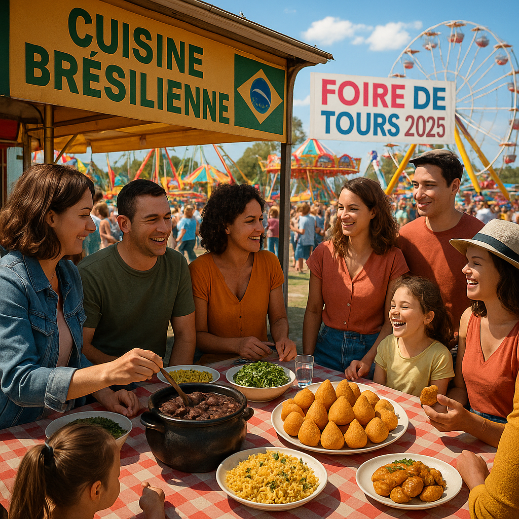 Stand de nourriture brésilienne à la Foire de Tours 2025 avec des familles profitant des plats.