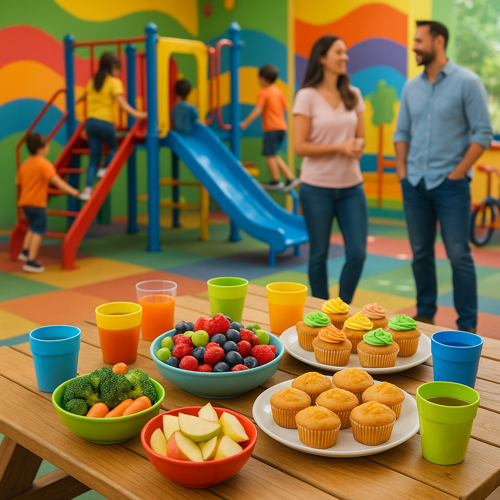 Image d'une table de pique-nique remplie de collations saines dans un parc de jeux intérieur, avec des enfants jouant en arrière-plan.