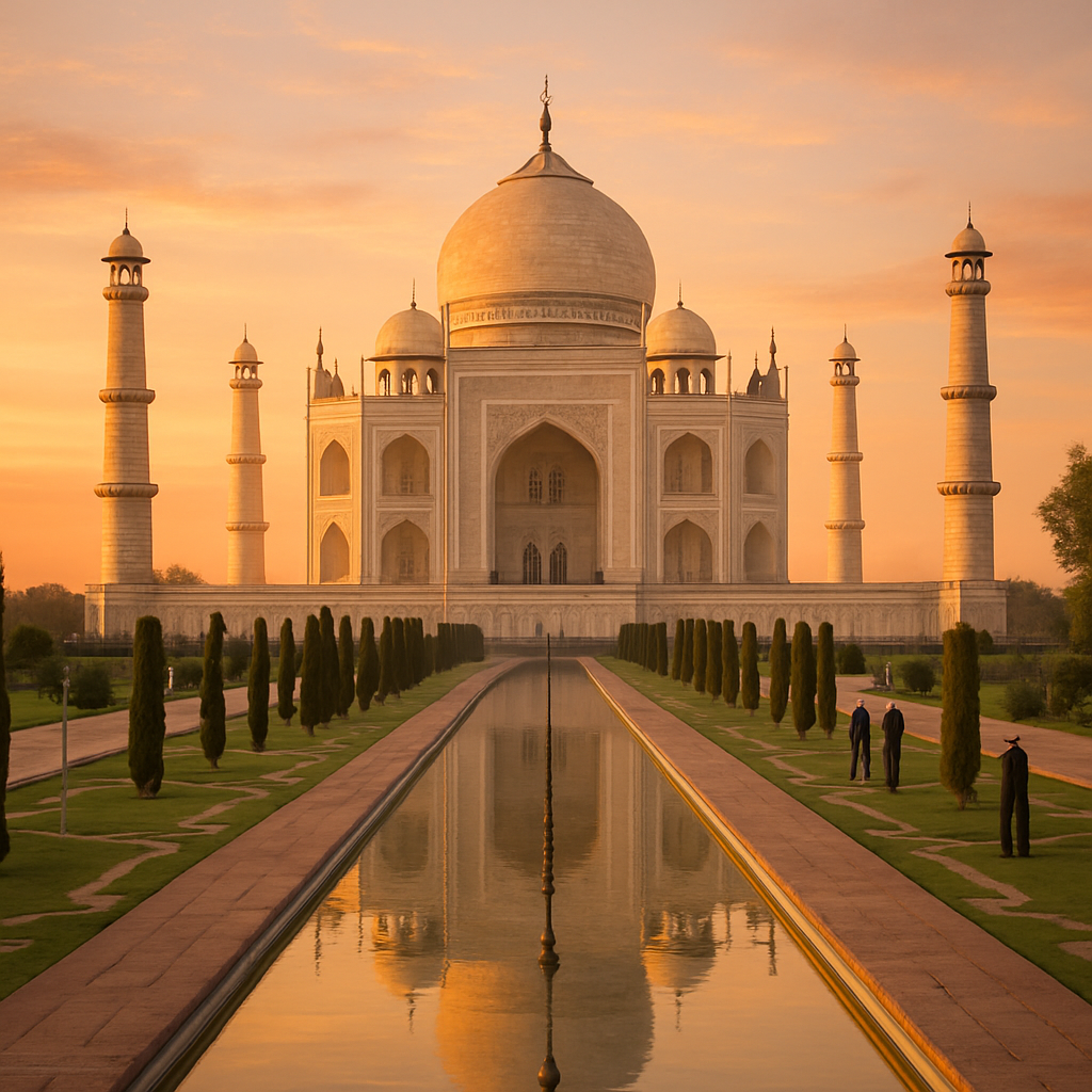 Taj Mahal illuminé par le lever du soleil avec des jardins en avant-plan