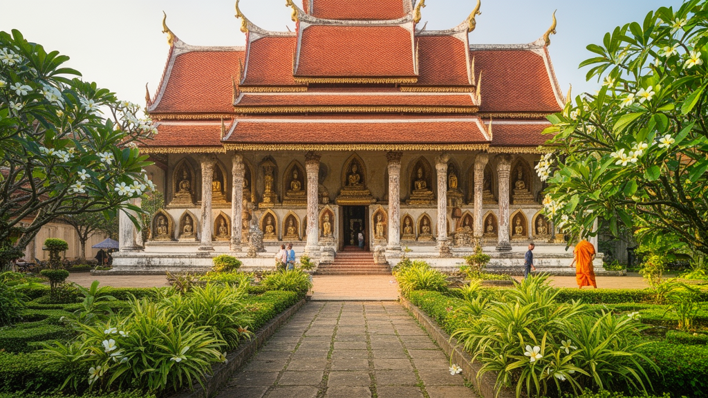Cour de temple bouddhiste à Viangchan avec statues de Bouddha, architecture lao et ambiance paisible.