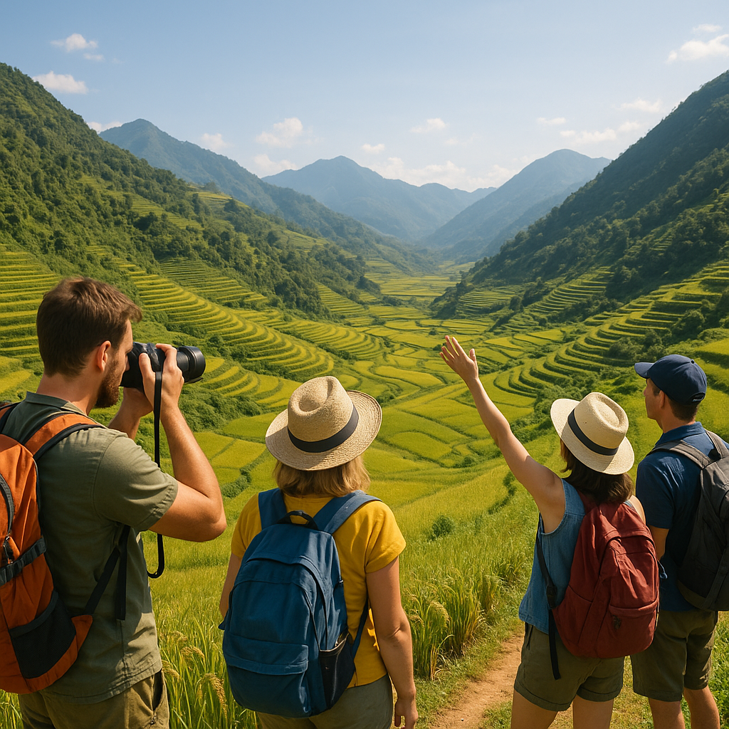 Touristes découvrant les rizières en terrasse au Vietnam