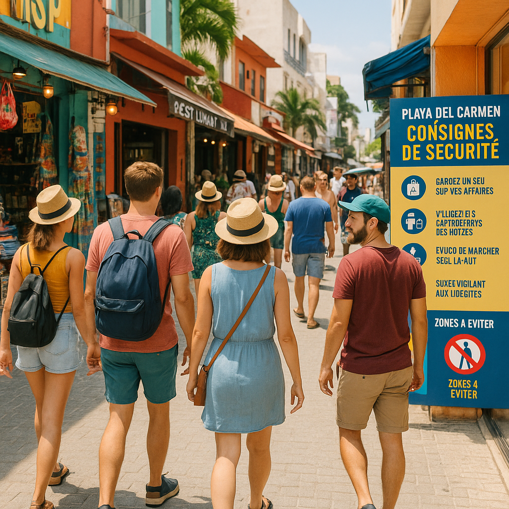 Groupe de touristes marchant dans une rue animée de Playa del Carmen avec conseils de sécurité en arrière-plan.