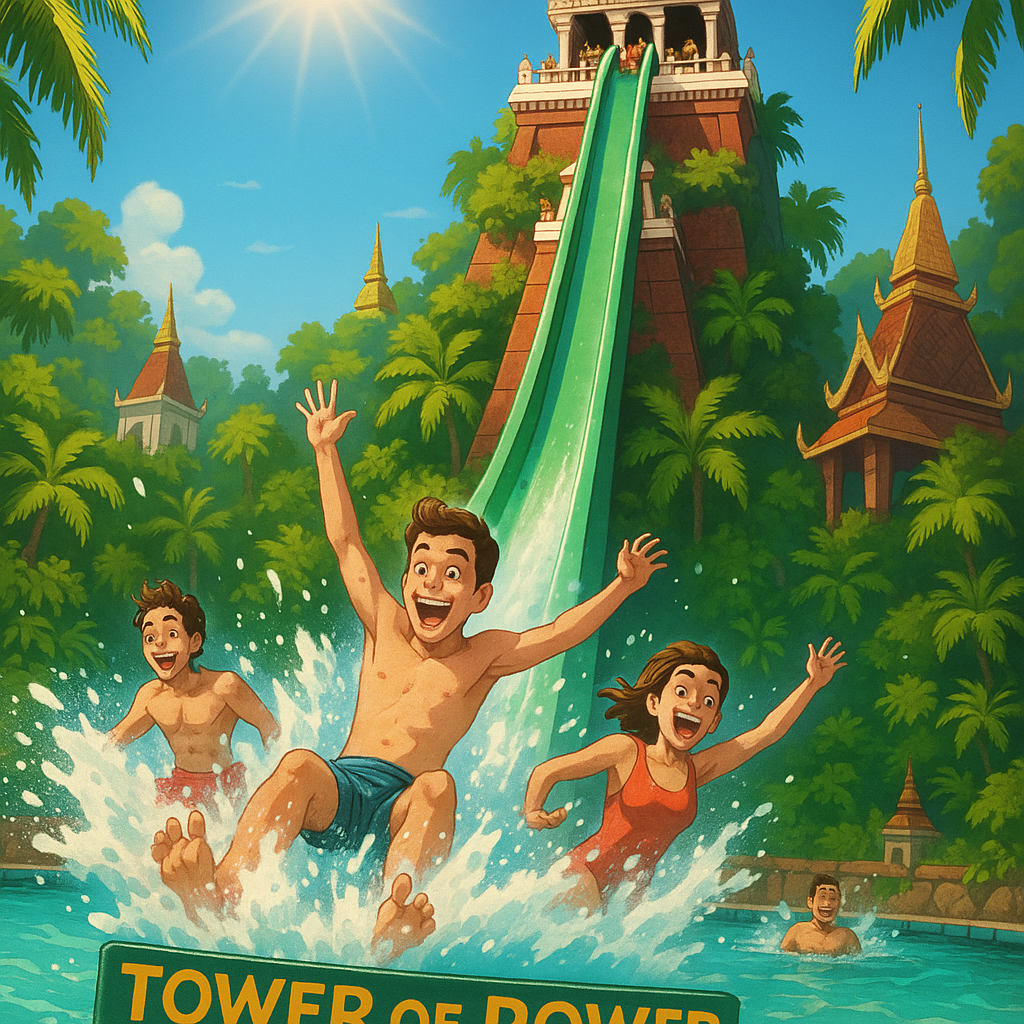 Visiteurs sur le Tower of Power à Siam Park avec éclaboussures d'eau